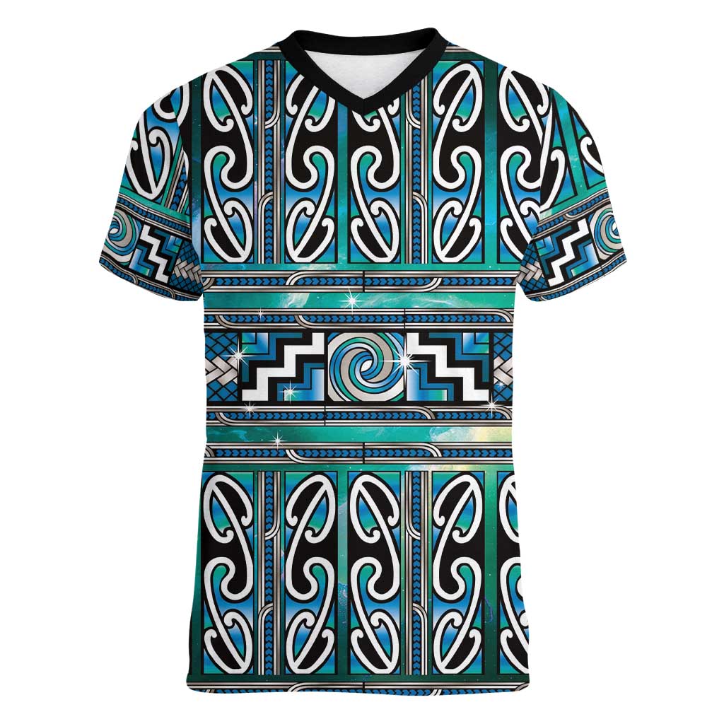 Maori Matariki Women V-Neck T-Shirt Green Galaxy Aesthetic Koru Art