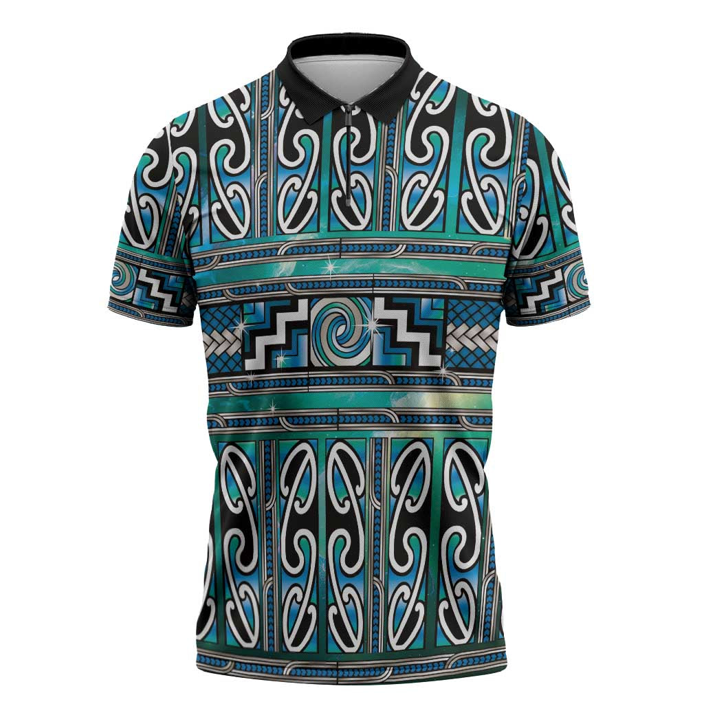 Maori Matariki Zipper Polo Shirt Green Galaxy Aesthetic Koru Art