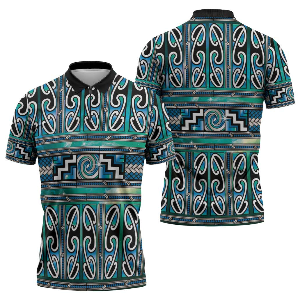 Maori Matariki Zipper Polo Shirt Green Galaxy Aesthetic Koru Art LT01 - Polynesian Pride