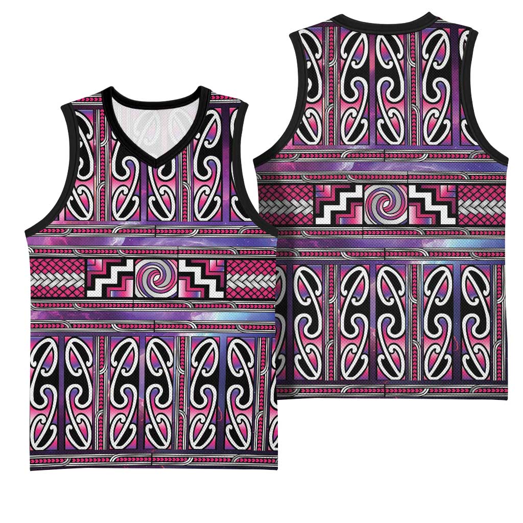 Maori Matariki Basketball Jersey Pink Galaxy Aesthetic Koru Art