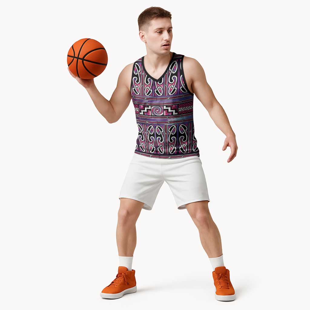 Maori Matariki Basketball Jersey Pink Galaxy Aesthetic Koru Art