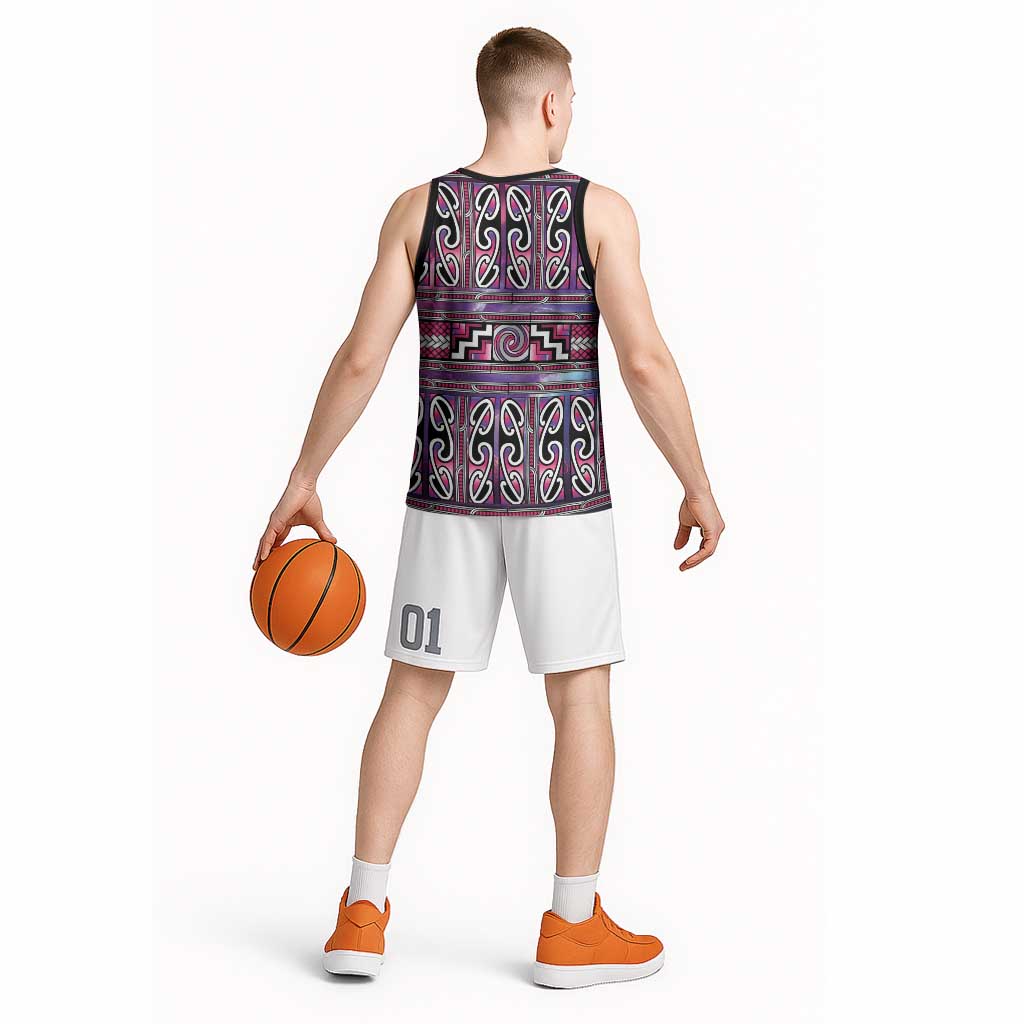Maori Matariki Basketball Jersey Pink Galaxy Aesthetic Koru Art