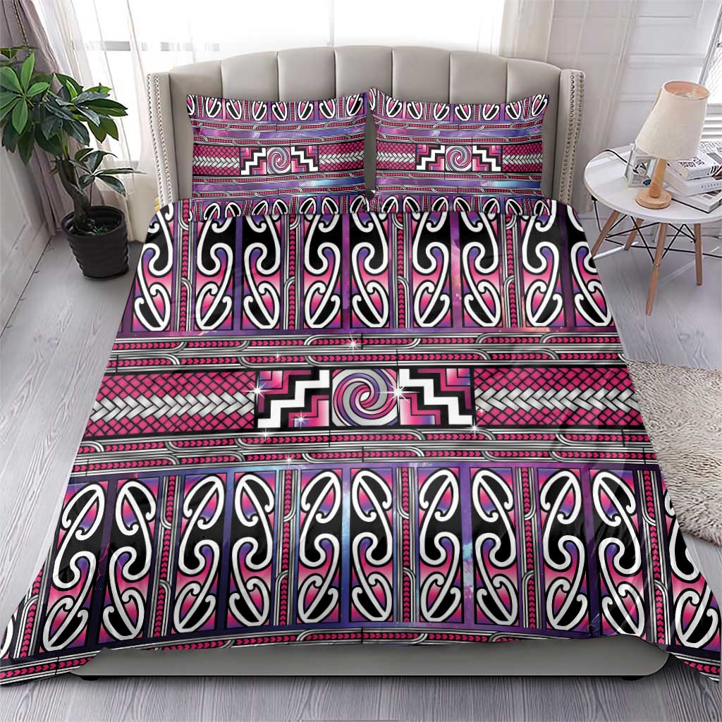 Maori Matariki Bedding Set Pink Galaxy Aesthetic Koru Art