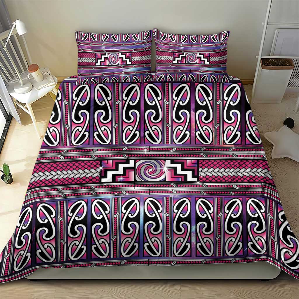 Maori Matariki Bedding Set Pink Galaxy Aesthetic Koru Art