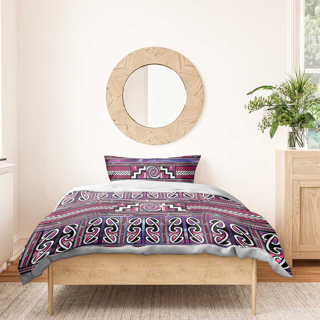 Maori Matariki Bedding Set Pink Galaxy Aesthetic Koru Art