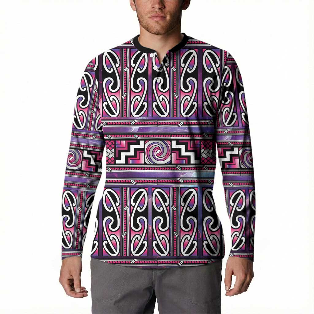 Maori Matariki Button Sweatshirt Pink Galaxy Aesthetic Koru Art