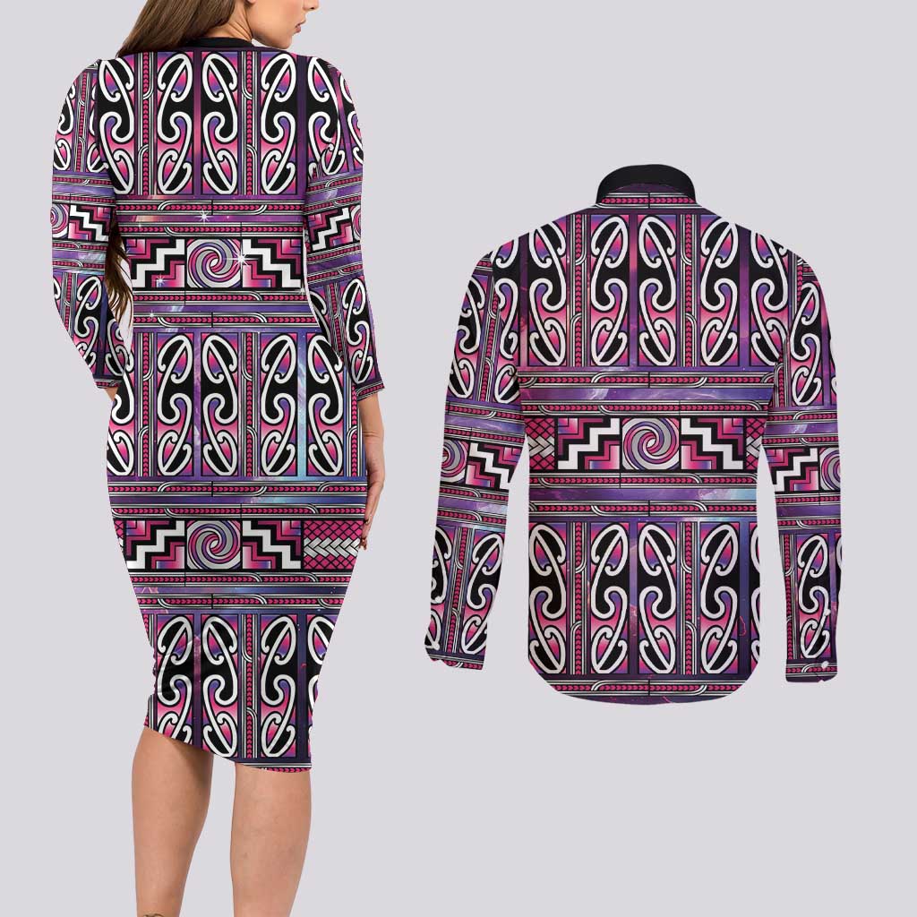 Maori Matariki Couples Matching Long Sleeve Bodycon Dress and Long Sleeve Button Shirt Pink Galaxy Aesthetic Koru Art LT01 - Polynesian Pride