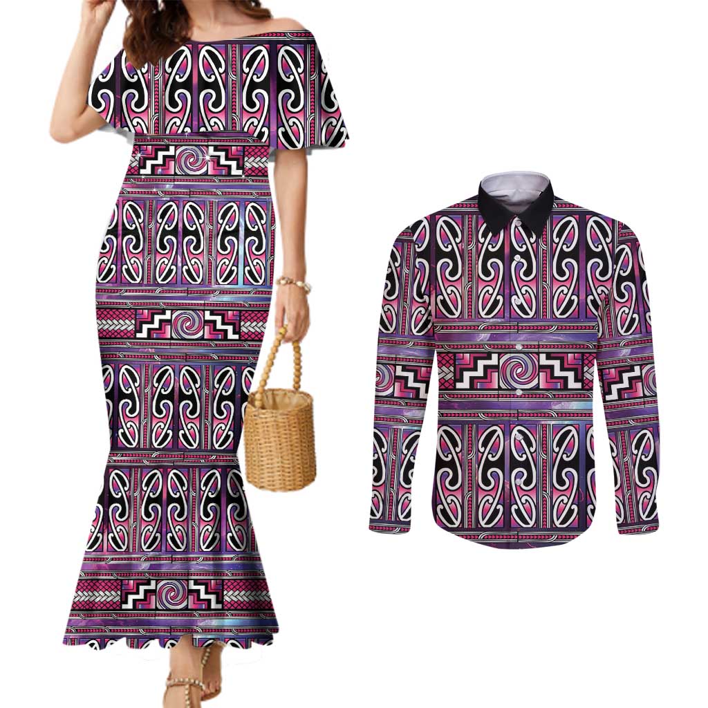 Maori Matariki Couples Matching Mermaid Dress and Long Sleeve Button Shirt Pink Galaxy Aesthetic Koru Art LT01 Pink - Polynesian Pride