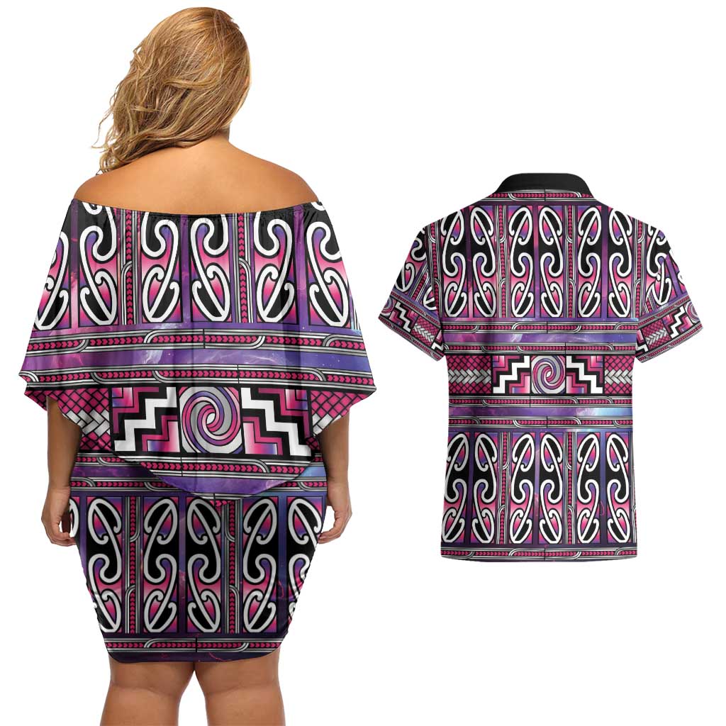 Maori Matariki Couples Matching Off Shoulder Short Dress and Hawaiian Shirt Pink Galaxy Aesthetic Koru Art LT01 - Polynesian Pride