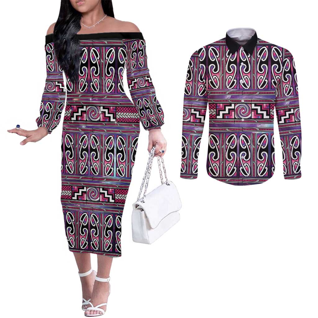 Maori Matariki Couples Matching Off The Shoulder Long Sleeve Dress and Long Sleeve Button Shirt Pink Galaxy Aesthetic Koru Art LT01 Pink - Polynesian Pride