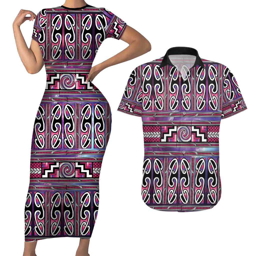 Maori Matariki Couples Matching Short Sleeve Bodycon Dress and Hawaiian Shirt Pink Galaxy Aesthetic Koru Art LT01 Pink - Polynesian Pride
