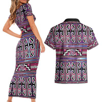 Maori Matariki Couples Matching Short Sleeve Bodycon Dress and Hawaiian Shirt Pink Galaxy Aesthetic Koru Art LT01 - Polynesian Pride