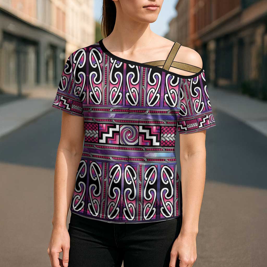 Maori Matariki Cross Shoulder Shirt Pink Galaxy Aesthetic Koru Art