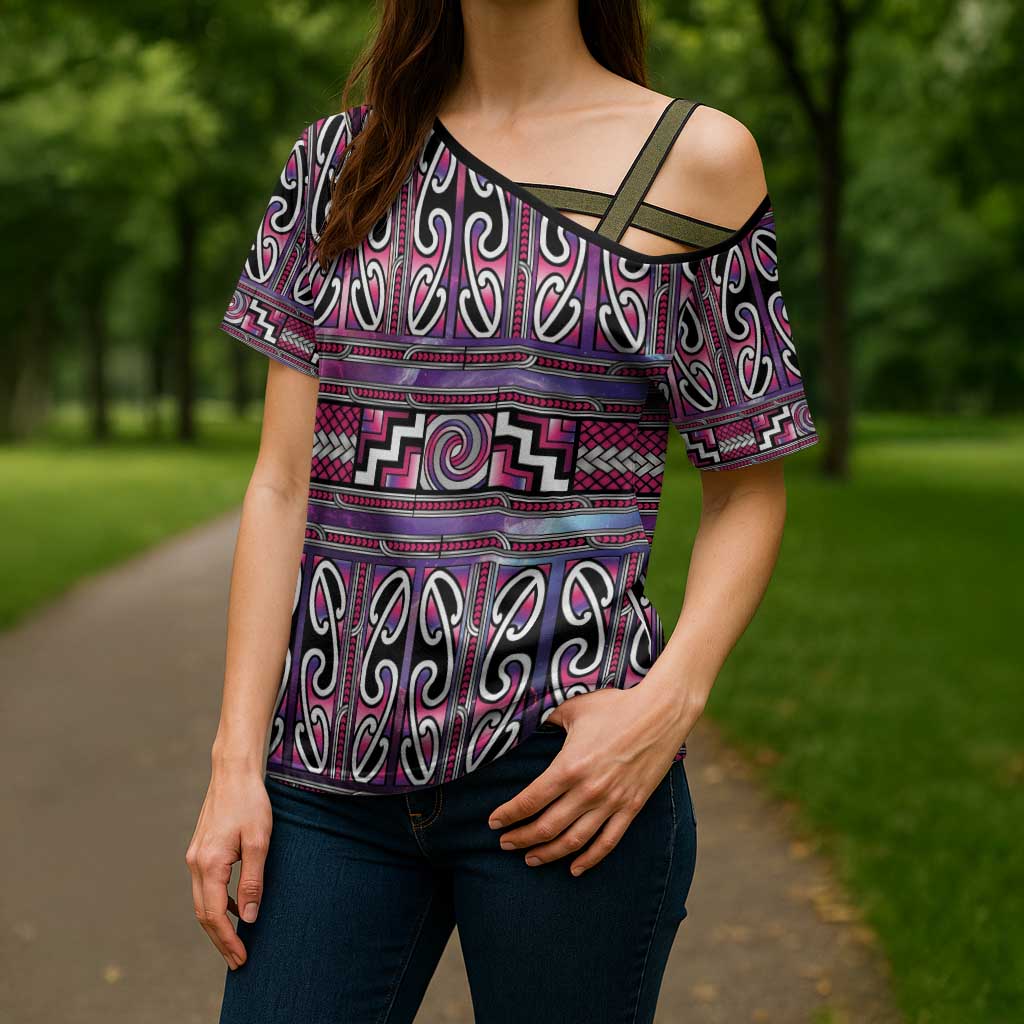Maori Matariki Cross Shoulder Shirt Pink Galaxy Aesthetic Koru Art