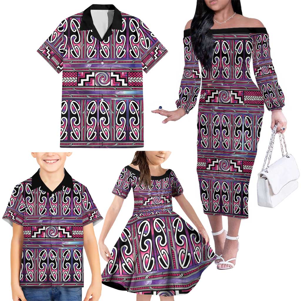 Maori Matariki Family Matching Off The Shoulder Long Sleeve Dress and Hawaiian Shirt Pink Galaxy Aesthetic Koru Art LT01 - Polynesian Pride