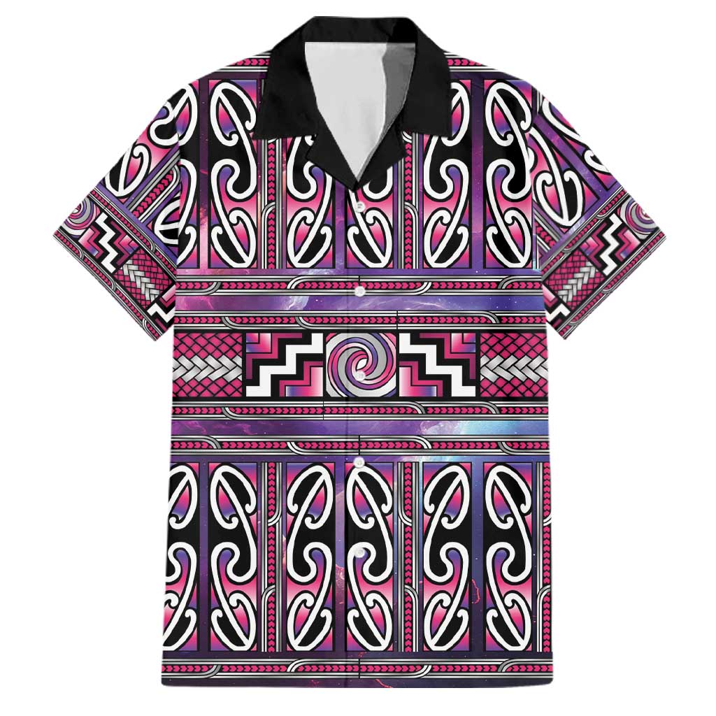 Maori Matariki Family Matching Off The Shoulder Long Sleeve Dress and Hawaiian Shirt Pink Galaxy Aesthetic Koru Art LT01 Dad's Shirt - Short Sleeve Pink - Polynesian Pride