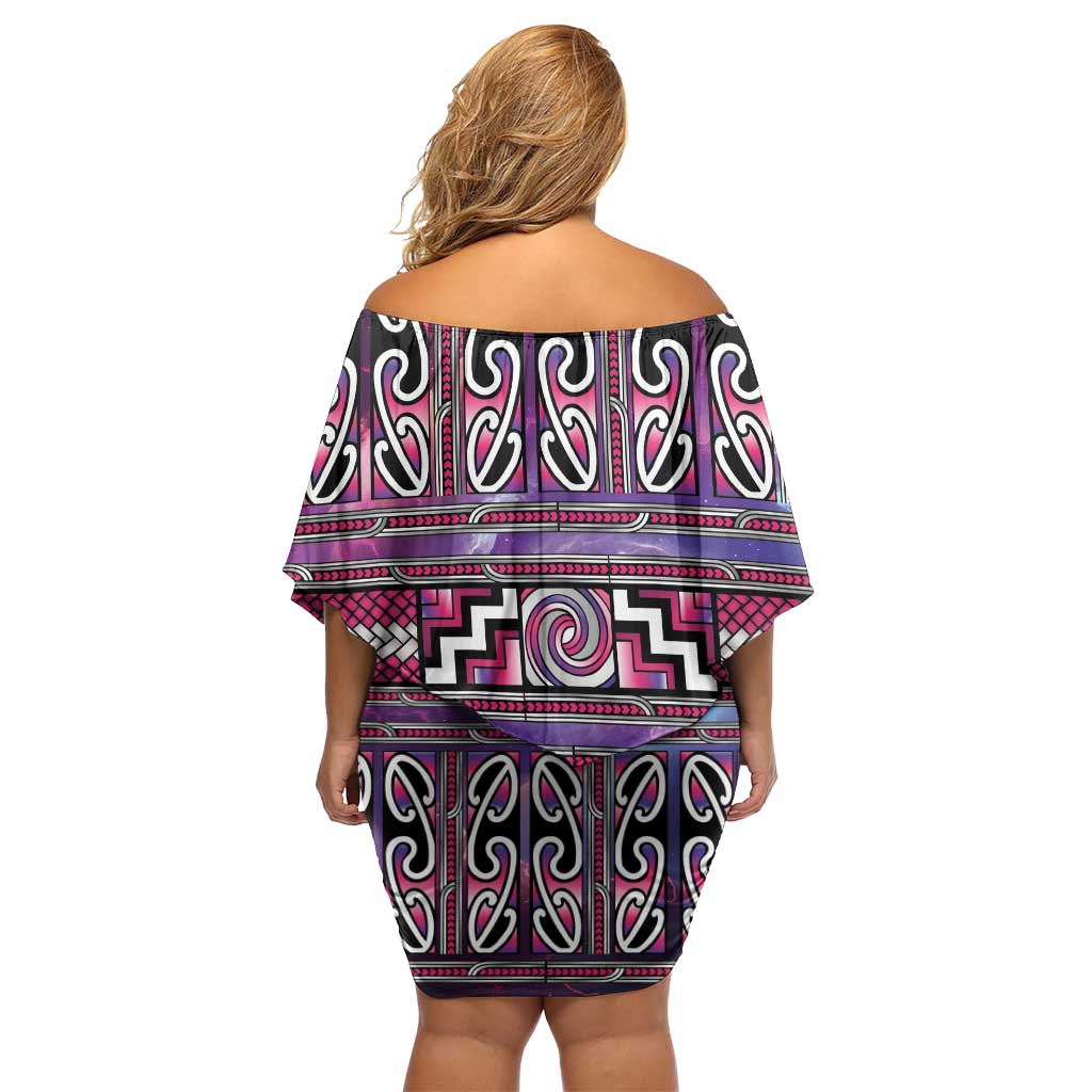 Maori Matariki Family Matching Off Shoulder Short Dress and Hawaiian Shirt Pink Galaxy Aesthetic Koru Art LT01 - Polynesian Pride
