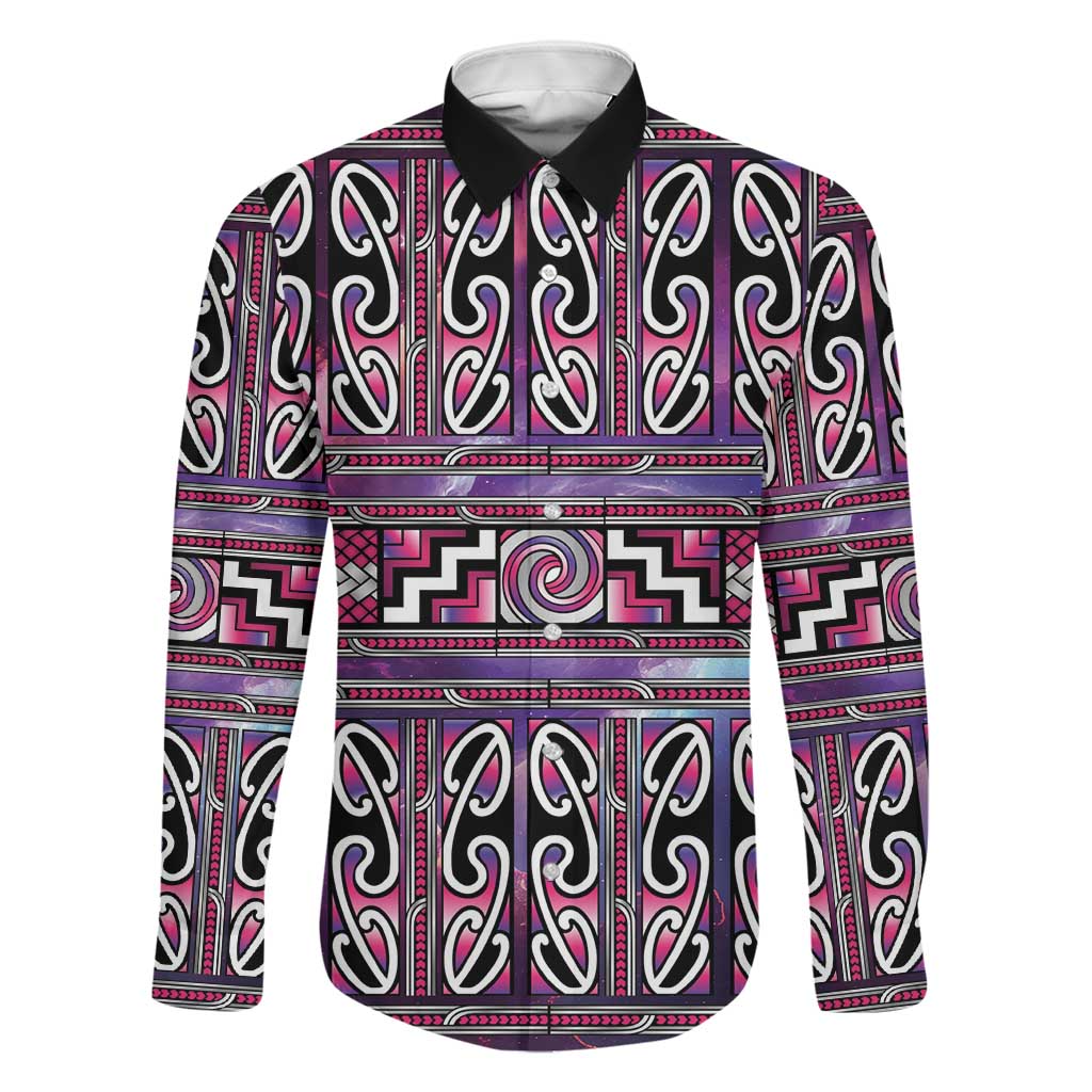 Maori Matariki Family Matching Short Sleeve Bodycon Dress and Hawaiian Shirt Pink Galaxy Aesthetic Koru Art LT01 Dad's Shirt - Long Sleeve Pink - Polynesian Pride