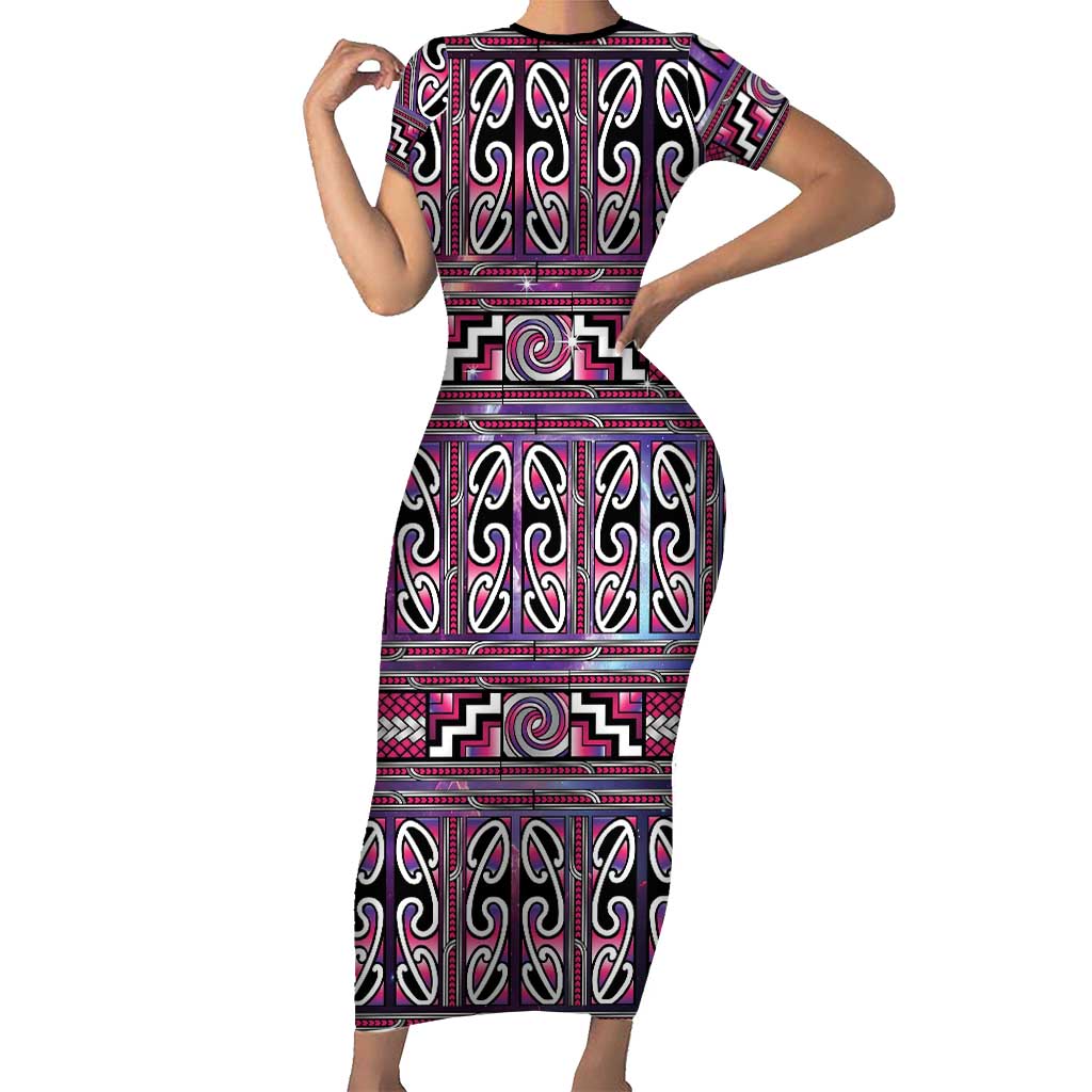 Maori Matariki Family Matching Short Sleeve Bodycon Dress and Hawaiian Shirt Pink Galaxy Aesthetic Koru Art LT01 Mom's Dress Pink - Polynesian Pride