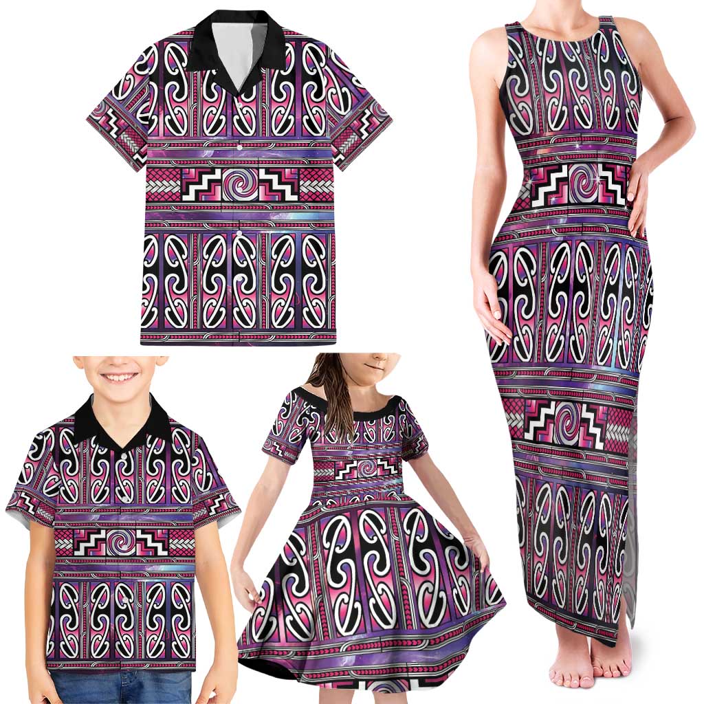 Maori Matariki Family Matching Tank Maxi Dress and Hawaiian Shirt Pink Galaxy Aesthetic Koru Art LT01 - Polynesian Pride