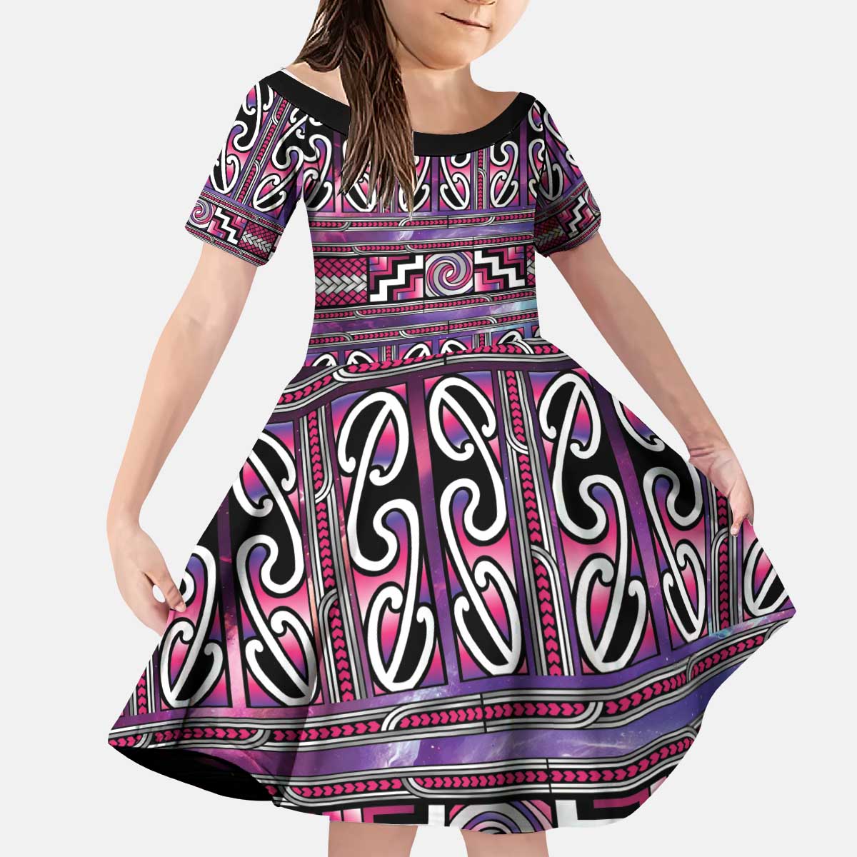 Maori Matariki Kid Short Sleeve Dress Pink Galaxy Aesthetic Koru Art