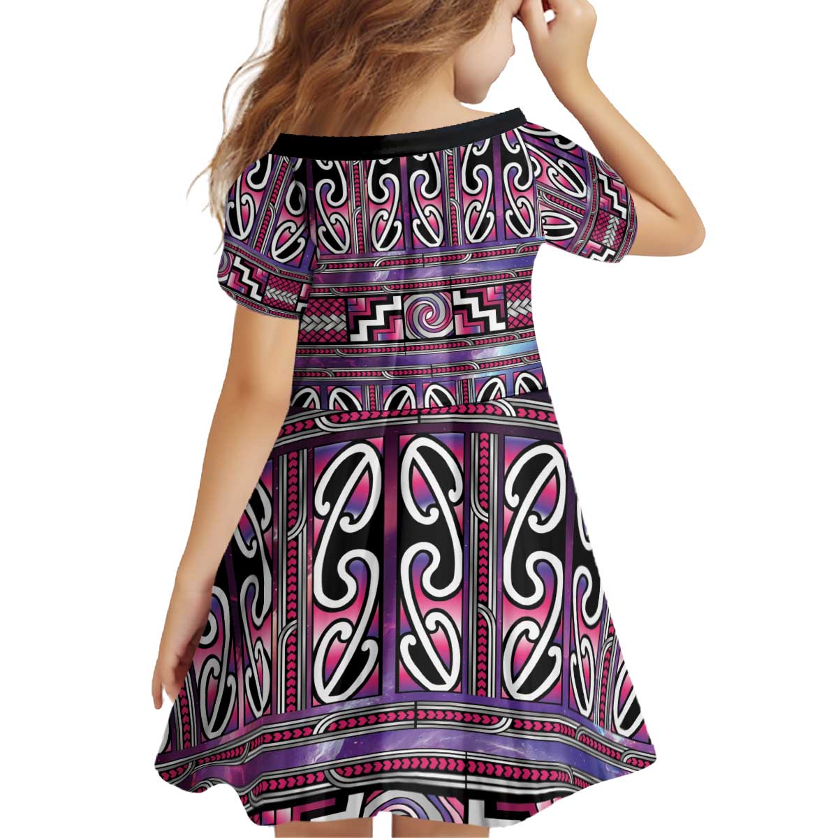 Maori Matariki Kid Short Sleeve Dress Pink Galaxy Aesthetic Koru Art