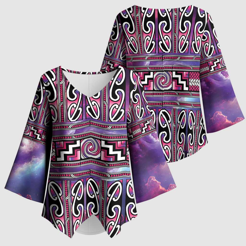 Maori Matariki Kimono Sleeve Blouse Pink Galaxy Aesthetic Koru Art