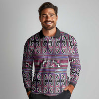 Maori Matariki Long Sleeve Polo Shirt Pink Galaxy Aesthetic Koru Art LT01 - Polynesian Pride