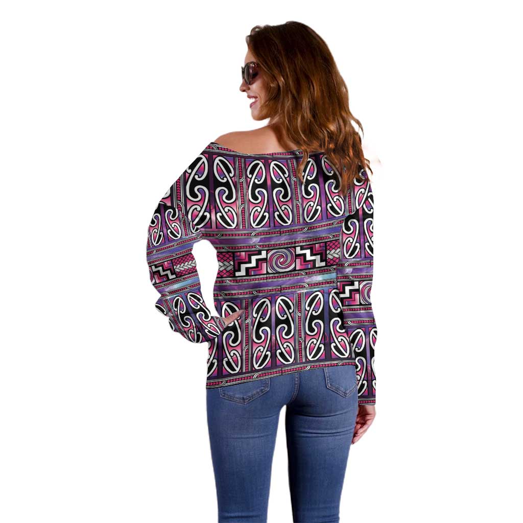 Maori Matariki Off Shoulder Sweater Pink Galaxy Aesthetic Koru Art LT01 - Polynesian Pride