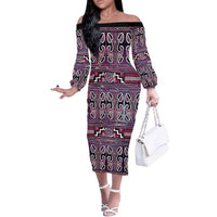 Maori Matariki Off The Shoulder Long Sleeve Dress Pink Galaxy Aesthetic Koru Art LT01 Women Pink - Polynesian Pride