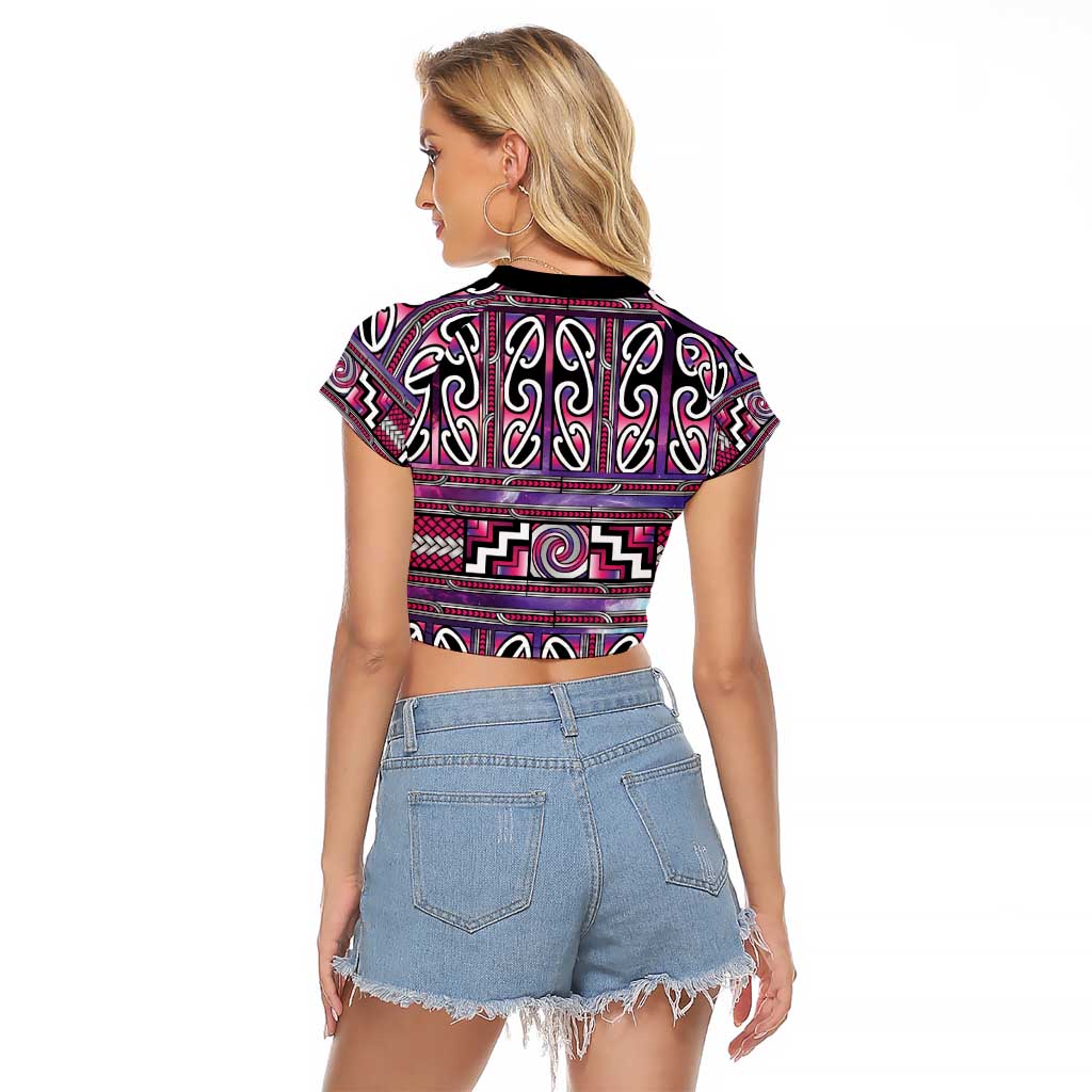 Maori Matariki Raglan Cropped T Shirt Pink Galaxy Aesthetic Koru Art