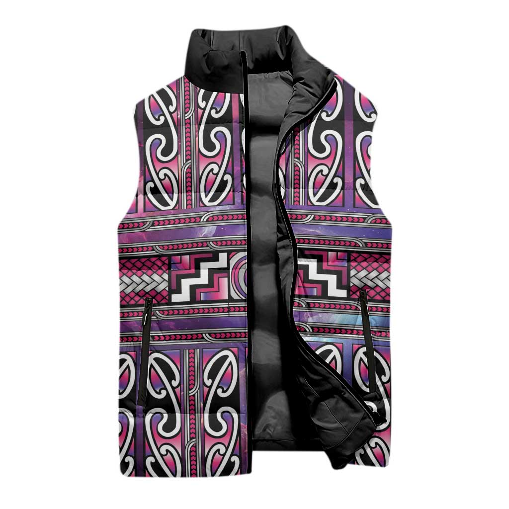 Maori Matariki Sleeveless Puffer Jacket Pink Galaxy Aesthetic Koru Art LT01 - Polynesian Pride