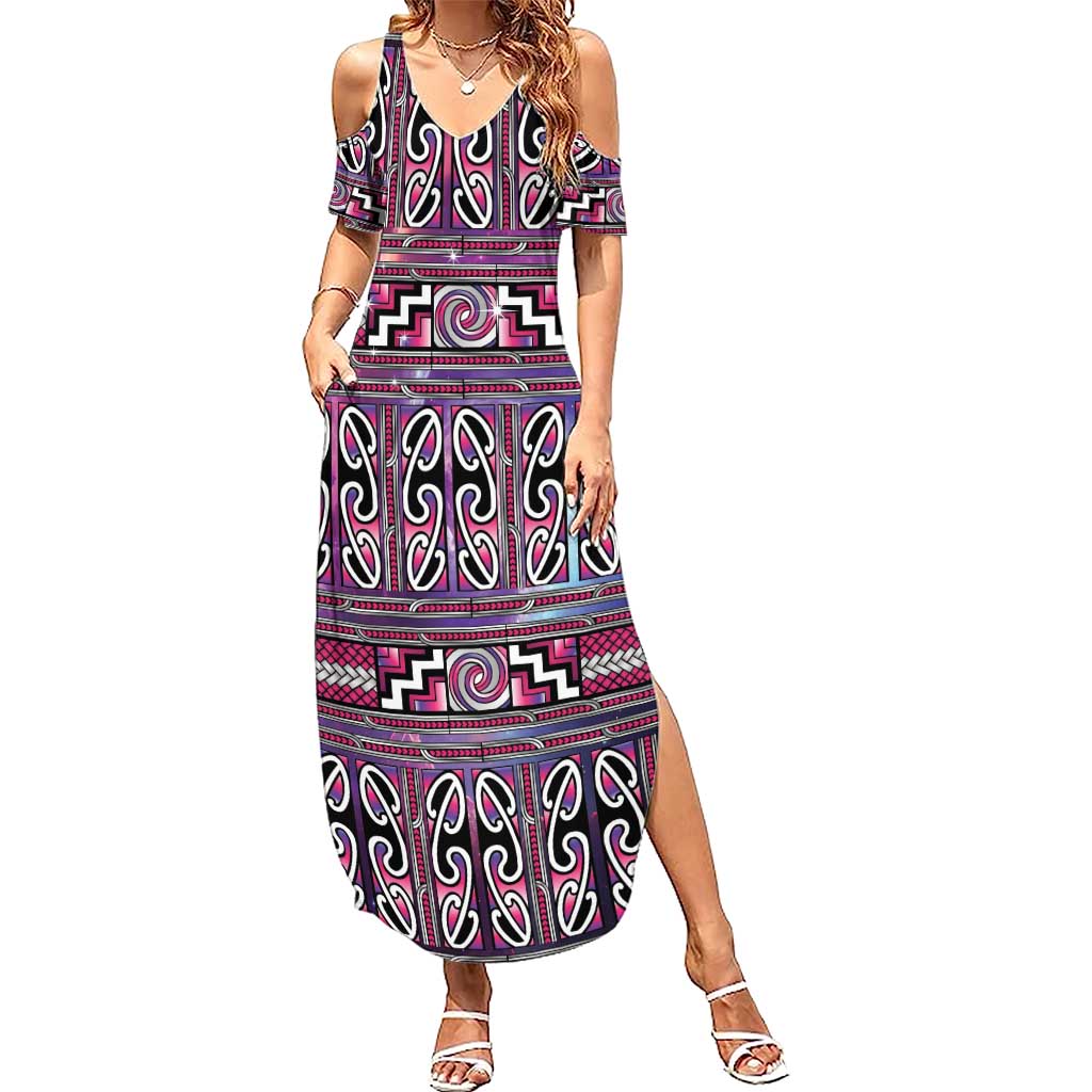 Maori Matariki Summer Maxi Dress Pink Galaxy Aesthetic Koru Art