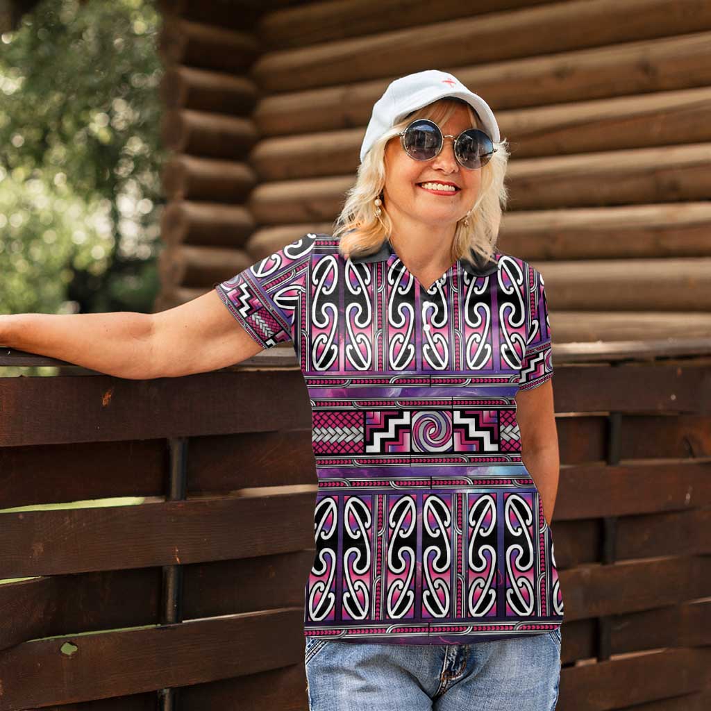 Maori Matariki Women Polo Shirt Pink Galaxy Aesthetic Koru Art LT01 - Polynesian Pride