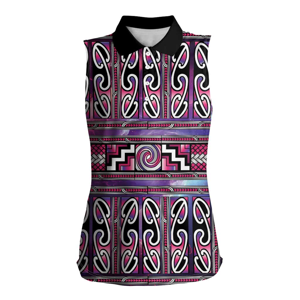 Maori Matariki Women Sleeveless Polo Shirt Pink Galaxy Aesthetic Koru Art