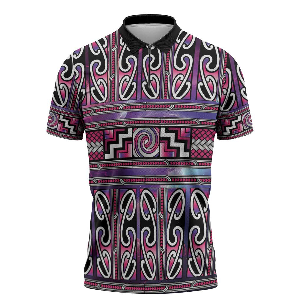 Maori Matariki Zipper Polo Shirt Pink Galaxy Aesthetic Koru Art LT01 Pink - Polynesian Pride