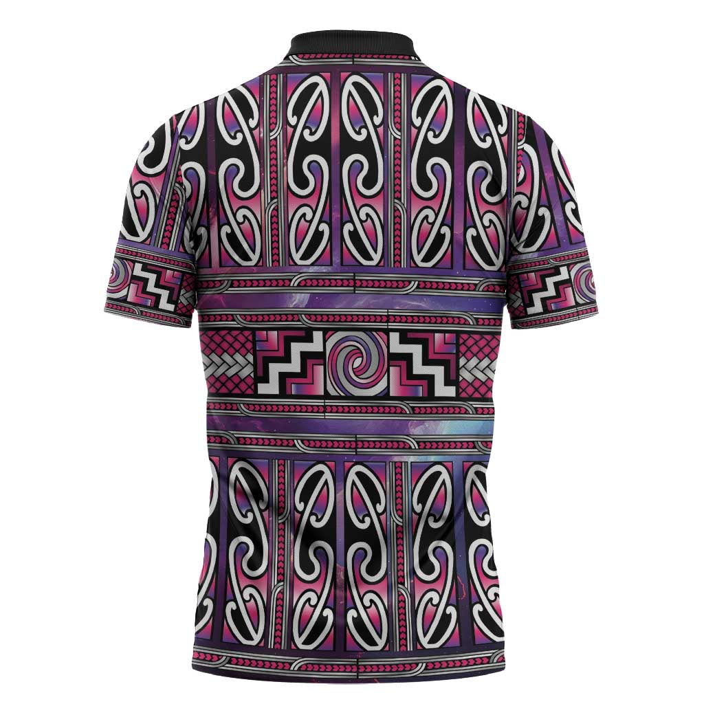 Maori Matariki Zipper Polo Shirt Pink Galaxy Aesthetic Koru Art LT01 - Polynesian Pride