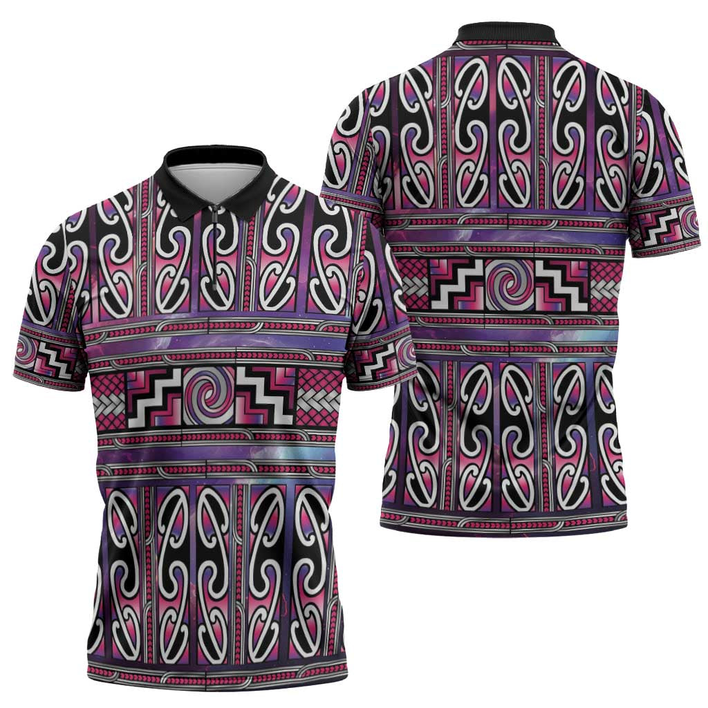 Maori Matariki Zipper Polo Shirt Pink Galaxy Aesthetic Koru Art LT01 - Polynesian Pride