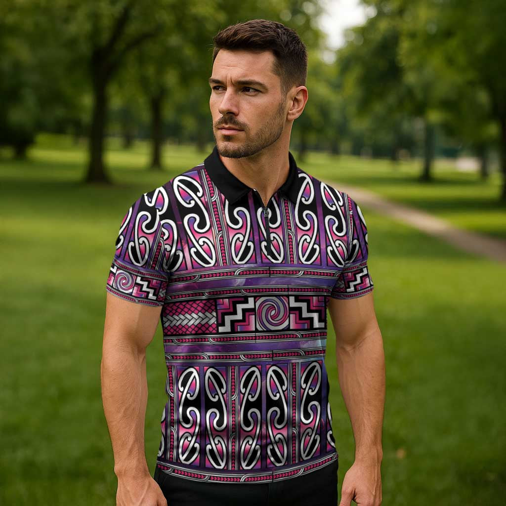 Maori Matariki Zipper Polo Shirt Pink Galaxy Aesthetic Koru Art LT01 - Polynesian Pride