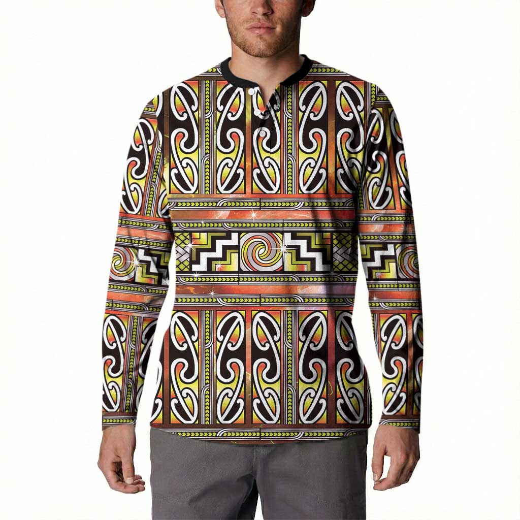 Maori Matariki Button Sweatshirt Yellow Galaxy Aesthetic Koru Art