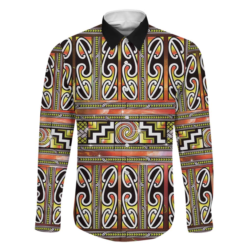 Maori Matariki Family Matching Off The Shoulder Long Sleeve Dress and Hawaiian Shirt Yellow Galaxy Aesthetic Koru Art LT01 Dad's Shirt - Long Sleeve Yellow - Polynesian Pride