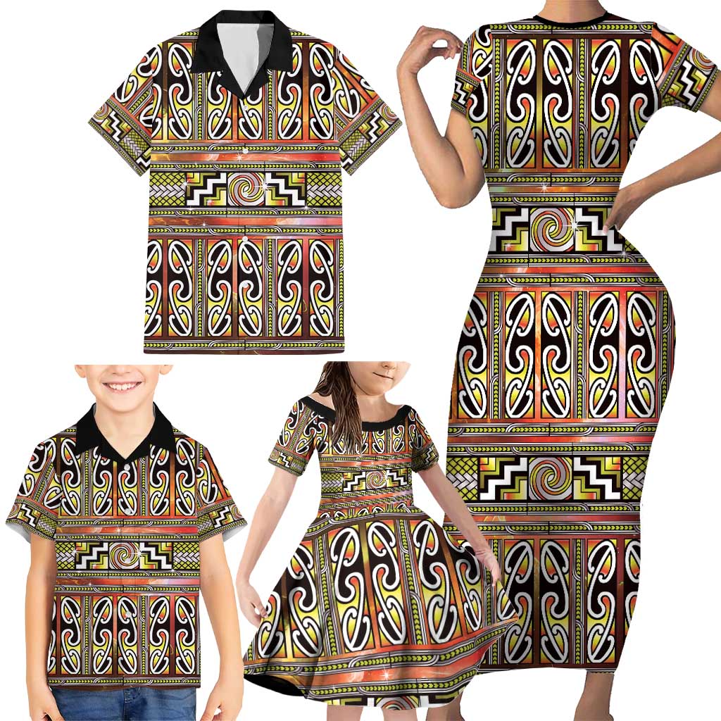 Maori Matariki Family Matching Short Sleeve Bodycon Dress and Hawaiian Shirt Yellow Galaxy Aesthetic Koru Art LT01 - Polynesian Pride