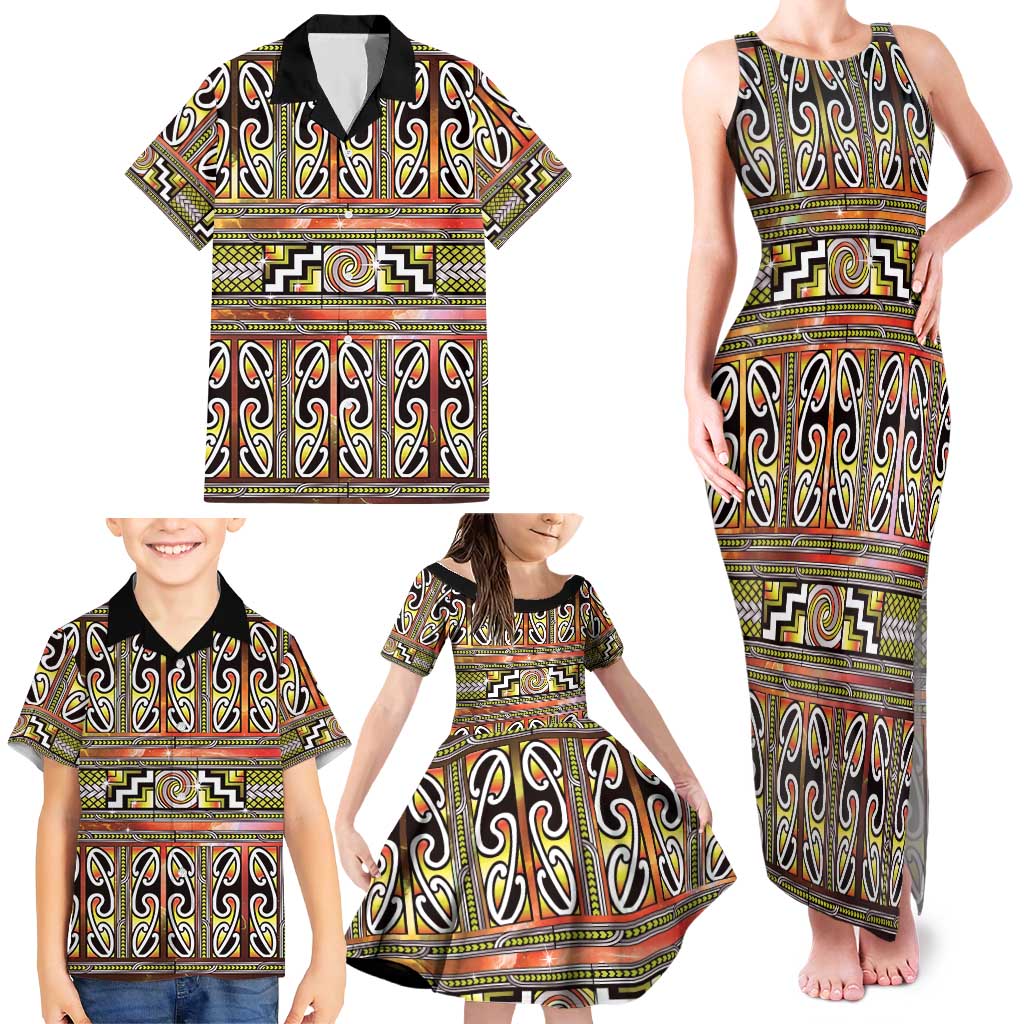 Maori Matariki Family Matching Tank Maxi Dress and Hawaiian Shirt Yellow Galaxy Aesthetic Koru Art LT01 - Polynesian Pride