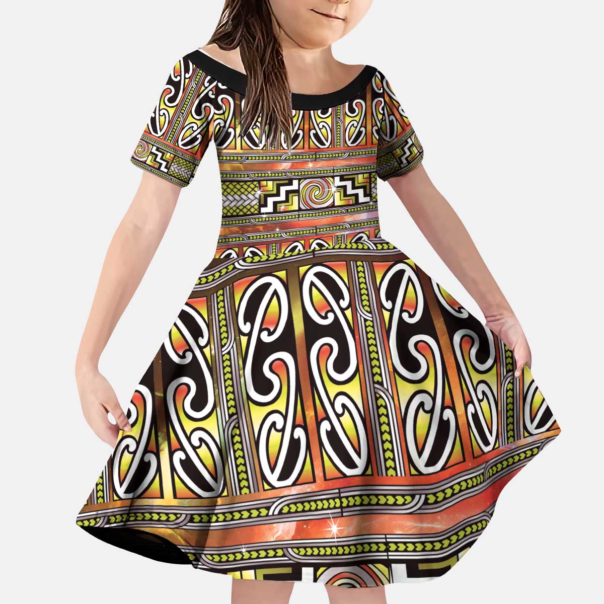 Maori Matariki Kid Short Sleeve Dress Yellow Galaxy Aesthetic Koru Art