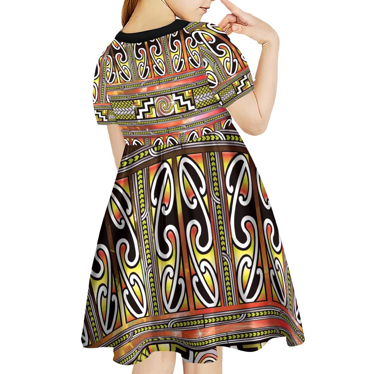 Maori Matariki Kid Short Sleeve Dress Yellow Galaxy Aesthetic Koru Art