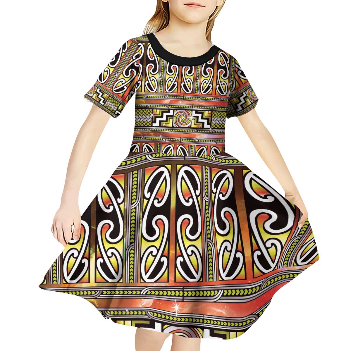 Maori Matariki Kid Short Sleeve Dress Yellow Galaxy Aesthetic Koru Art