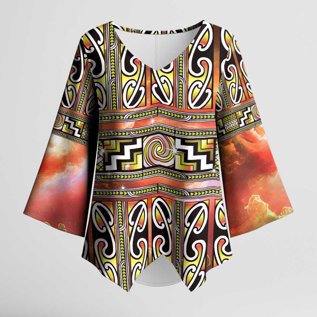Maori Matariki Kimono Sleeve Blouse Yellow Galaxy Aesthetic Koru Art