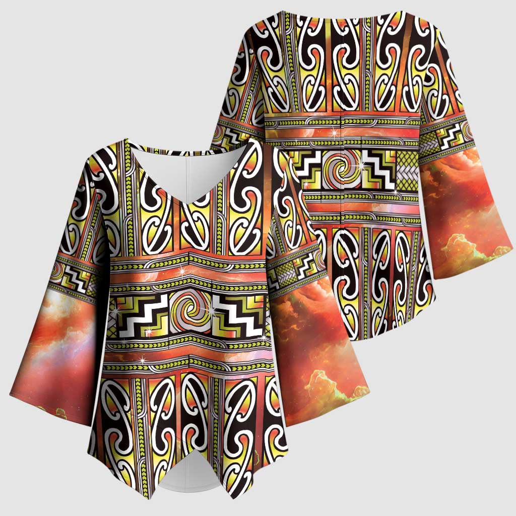 Maori Matariki Kimono Sleeve Blouse Yellow Galaxy Aesthetic Koru Art
