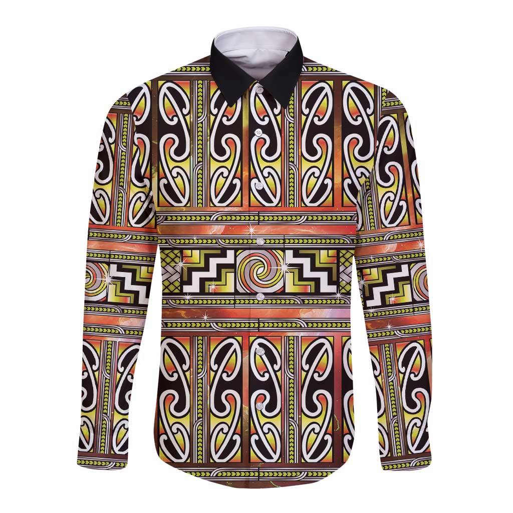 Maori Matariki Long Sleeve Button Shirt Yellow Galaxy Aesthetic Koru Art LT01 Unisex Yellow - Polynesian Pride