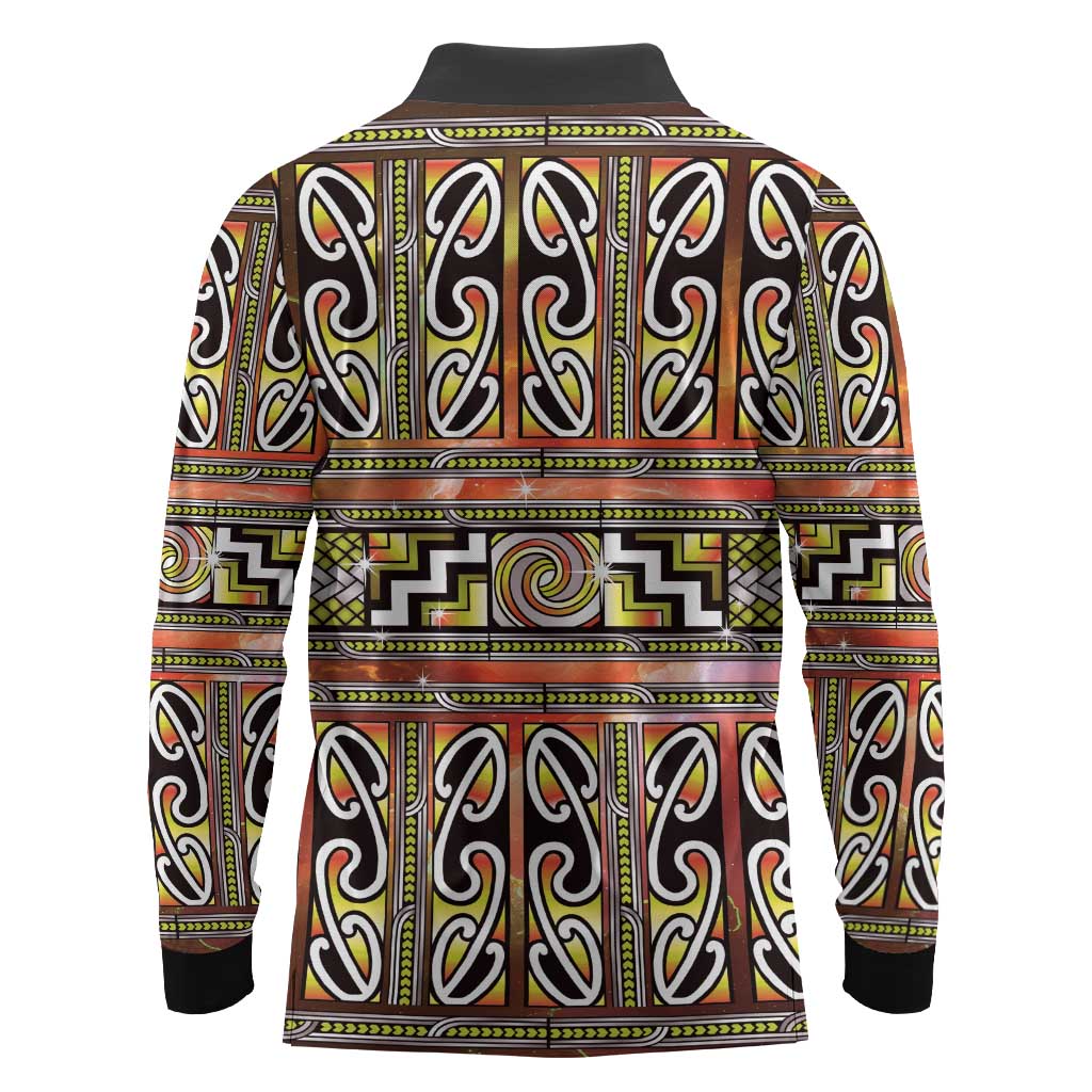 Maori Matariki Long Sleeve Polo Shirt Yellow Galaxy Aesthetic Koru Art LT01 - Polynesian Pride